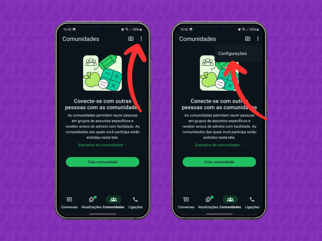 Captura de tela do aplicativo WhatsApp mostra acessar as configurações