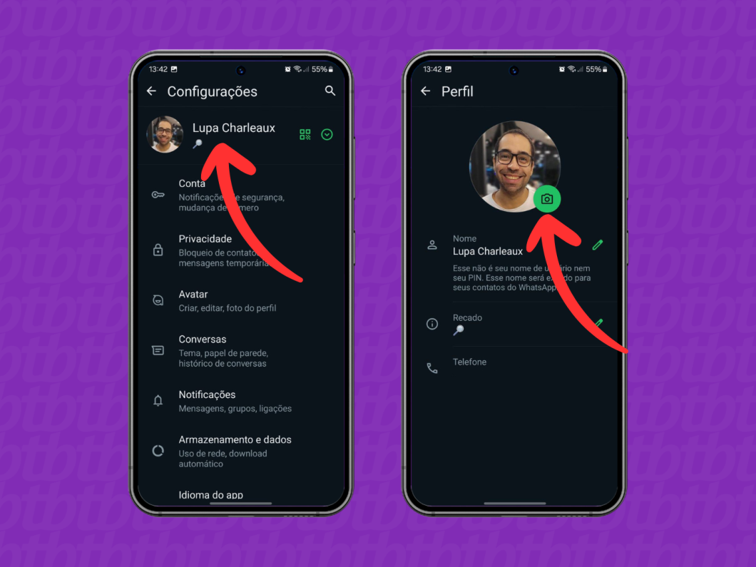 Captura de tela do aplicativo WhatsApp mostra alterar a foto de perfil