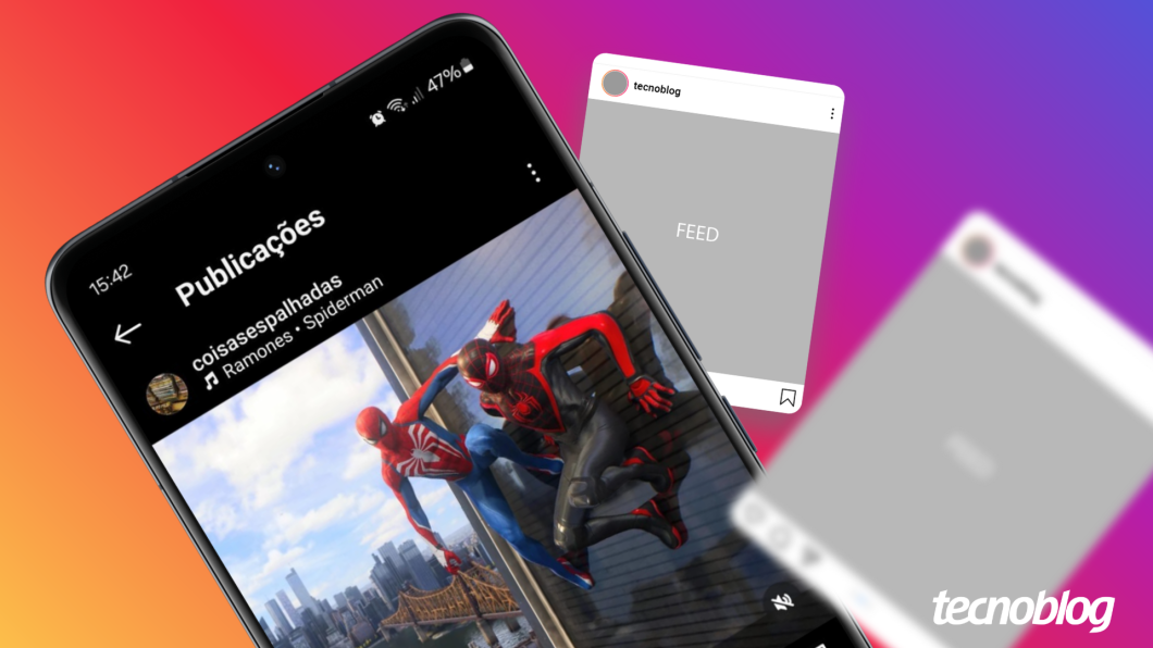 Ilustração mostra um celular exibindo uma publicação do Instagram com a imagem do jogo SpiderMan e a música Spiderman dos Ramones