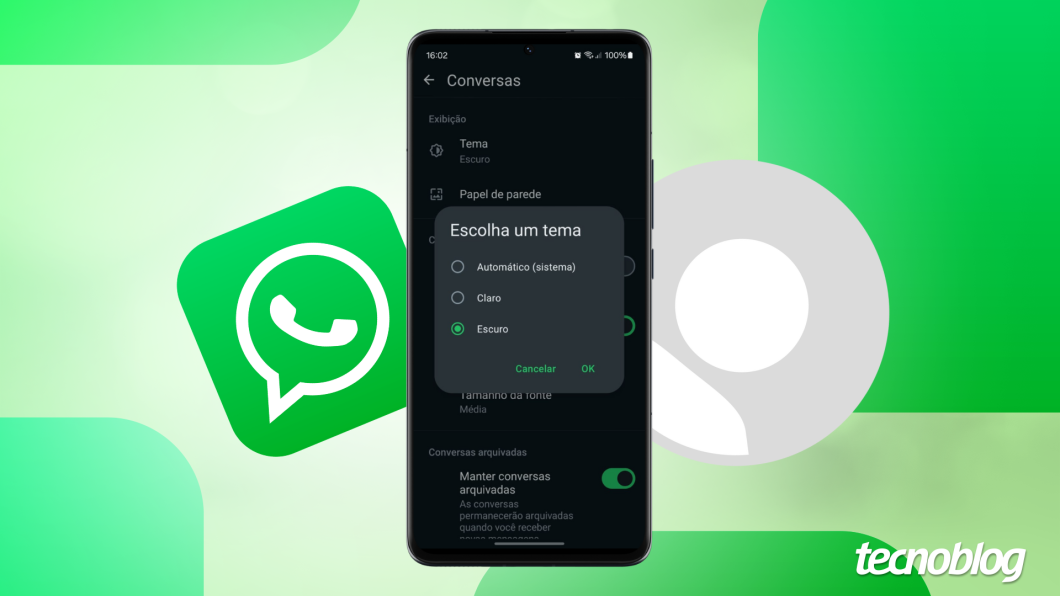 Ilustração mostra um celular exibindo a tela para alterar o tema do WhatsApp