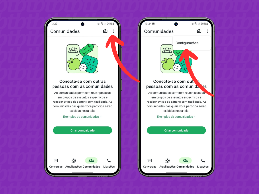 Capturas de tela do aplicativo WhatsApp mostram como acessar as configurações no Android
