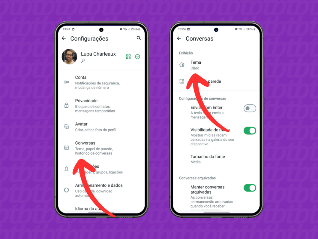 Capturas de tela do aplicativo WhatsApp mostram como acessar a opção "Tema" no Android