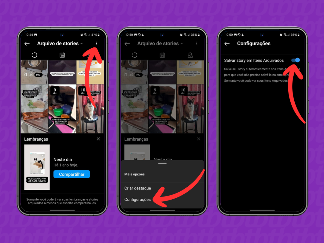 Capturas de tela do aplicativo Instagram mostram como desativar o recurso de arquivar stories