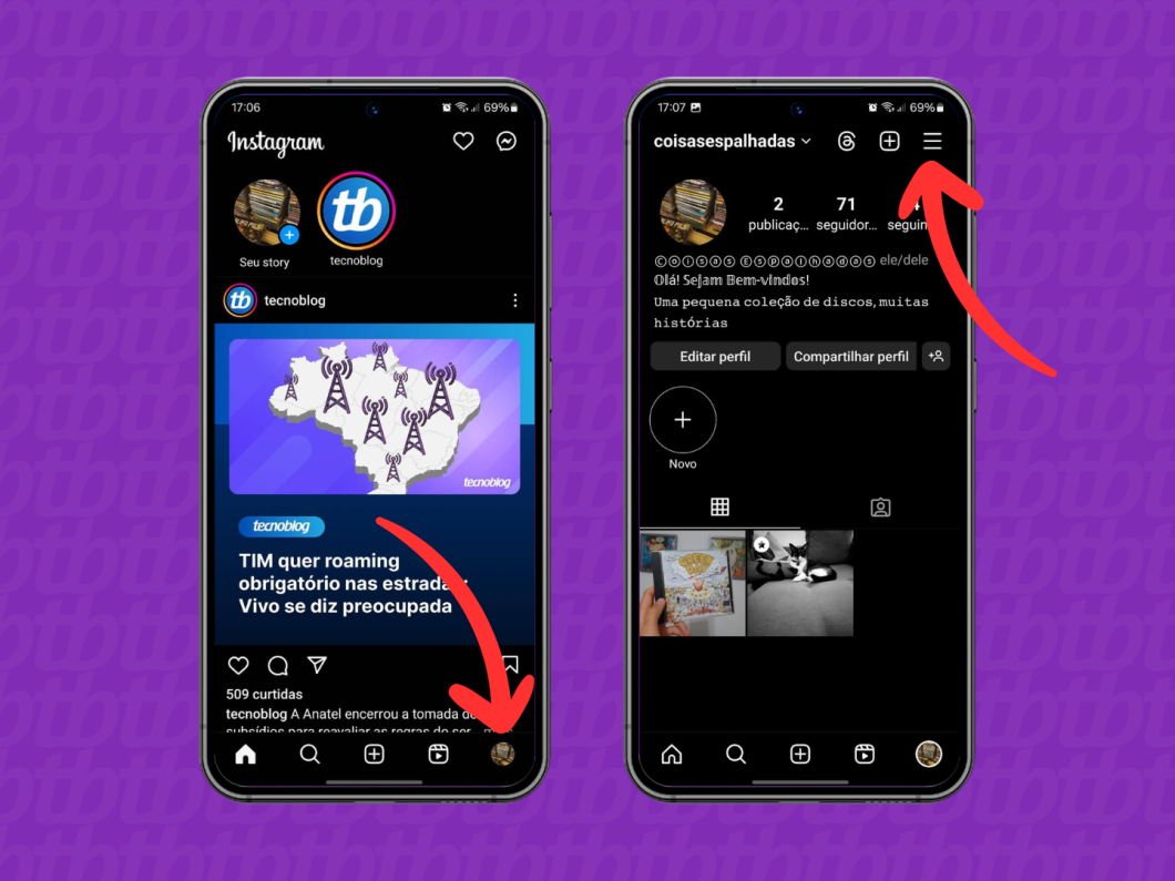 Capturas de telas do aplicativo Instagram mostram como acessar o menu principal