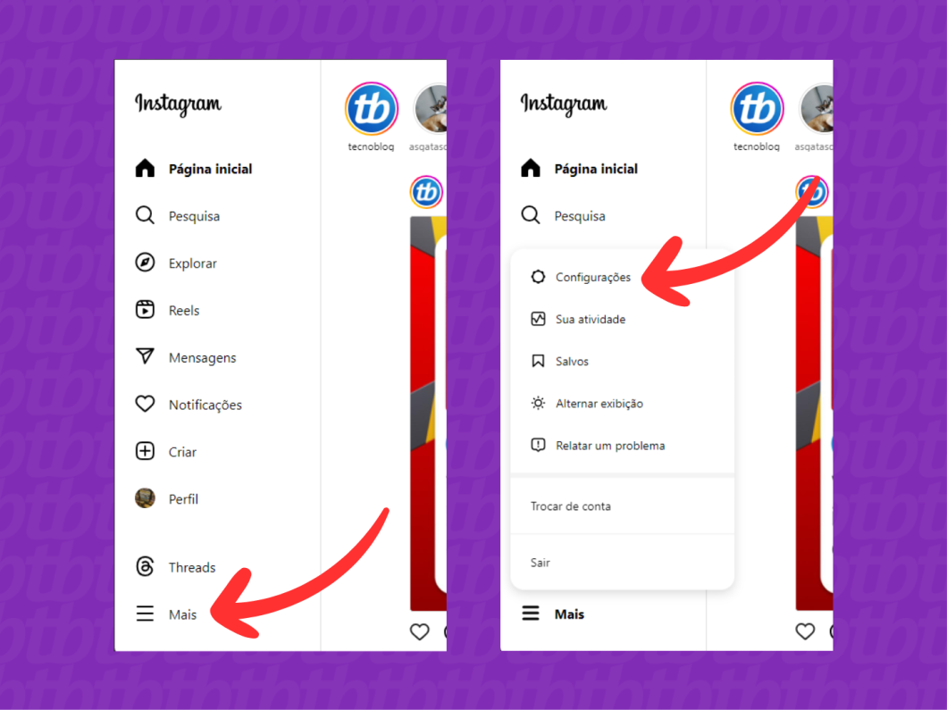 Capturas de tela do site Instagram mostram como acessar as configurações
