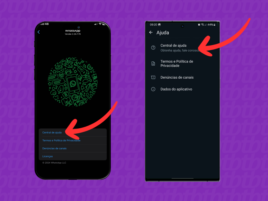 Capturas de imagem do aplicativo WhatsApp mostram como acessar a área "Central de Ajuda" no iOS e no Android