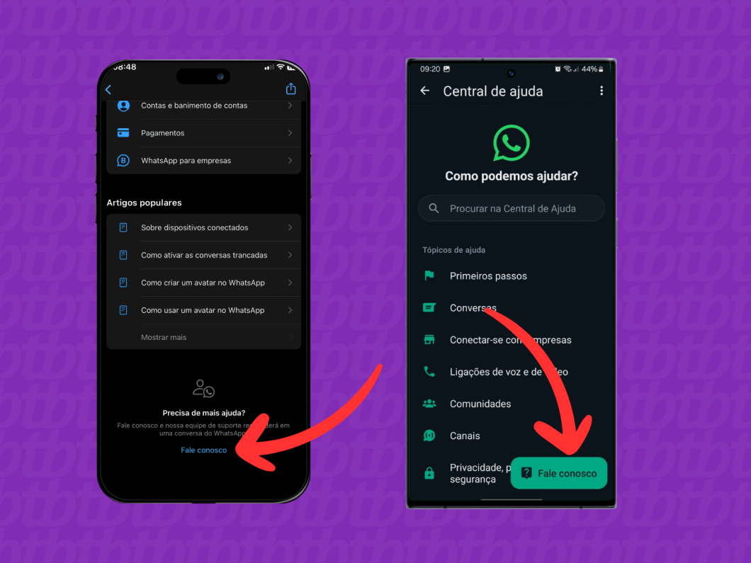 Capturas de imagem do aplicativo WhatsApp mostram como acessar a área "Fale Conosco" no iOS e no Android