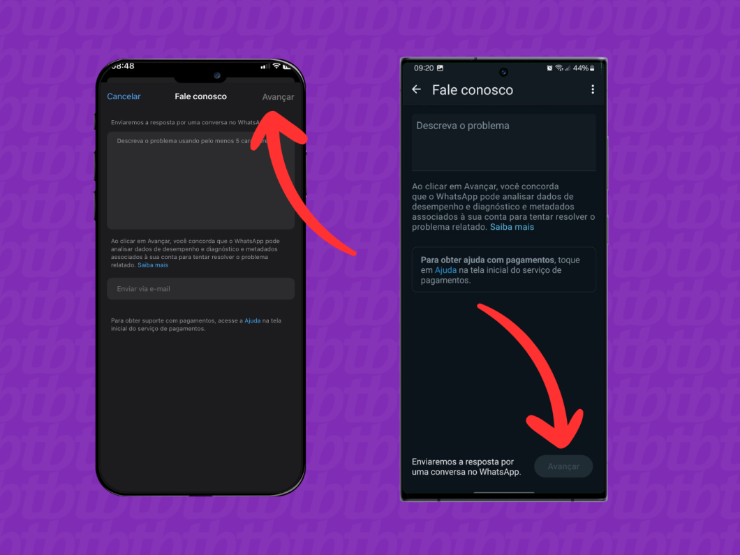 Capturas de imagem do aplicativo WhatsApp mostram como enviar o relato de um problema na área "Fale Conosco" no iOS e no Android