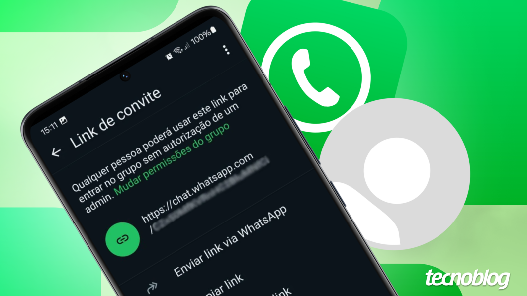Ilustração mostra um celular com a tela "Link de convite" do aplicativo WhatsApp para Android. Fundo com tons verdes com o logo do WhatsApp