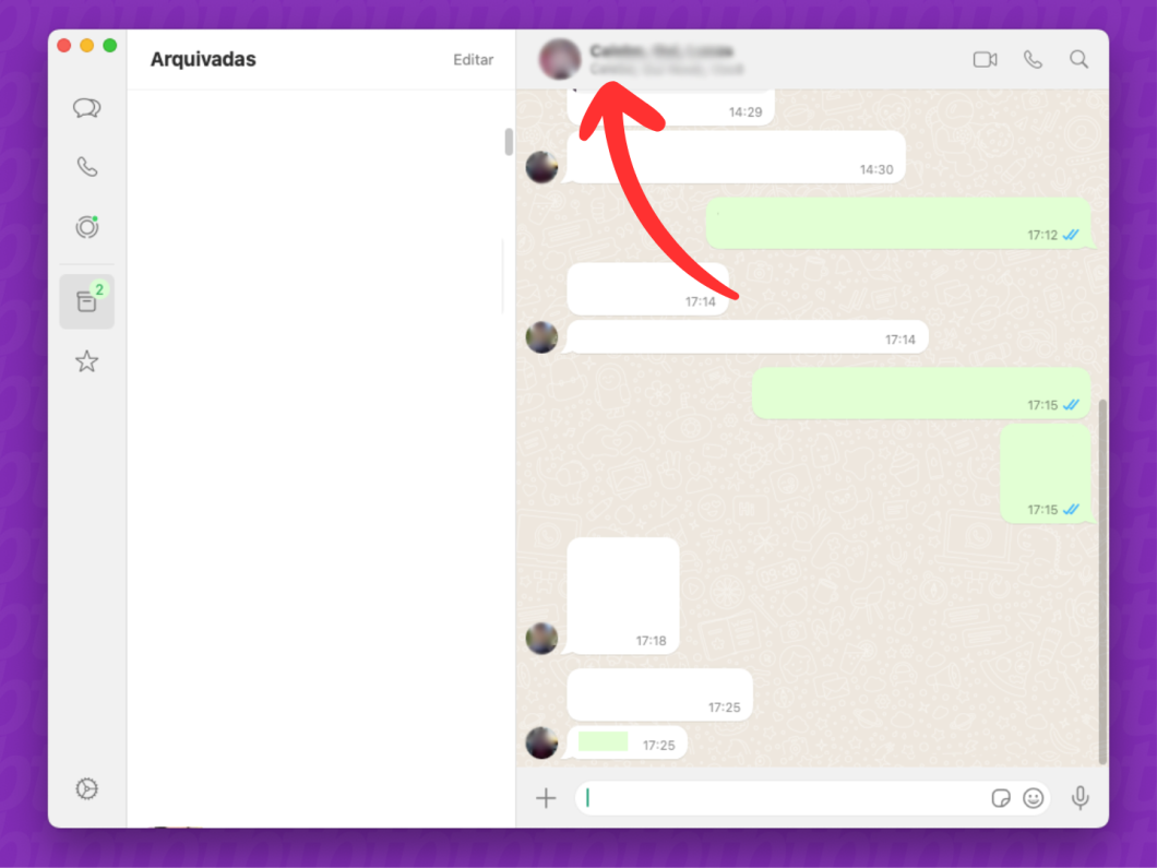 Captura de tela do aplicativo WhatsApp Desktop para Mac mostra como acessar as opções de uma conversa em grupo