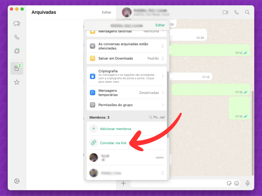 Captura de tela do aplicativo WhatsApp Desktop para Mac mostra como acessar a opção "Convidar via link" em uma conversa em grupo