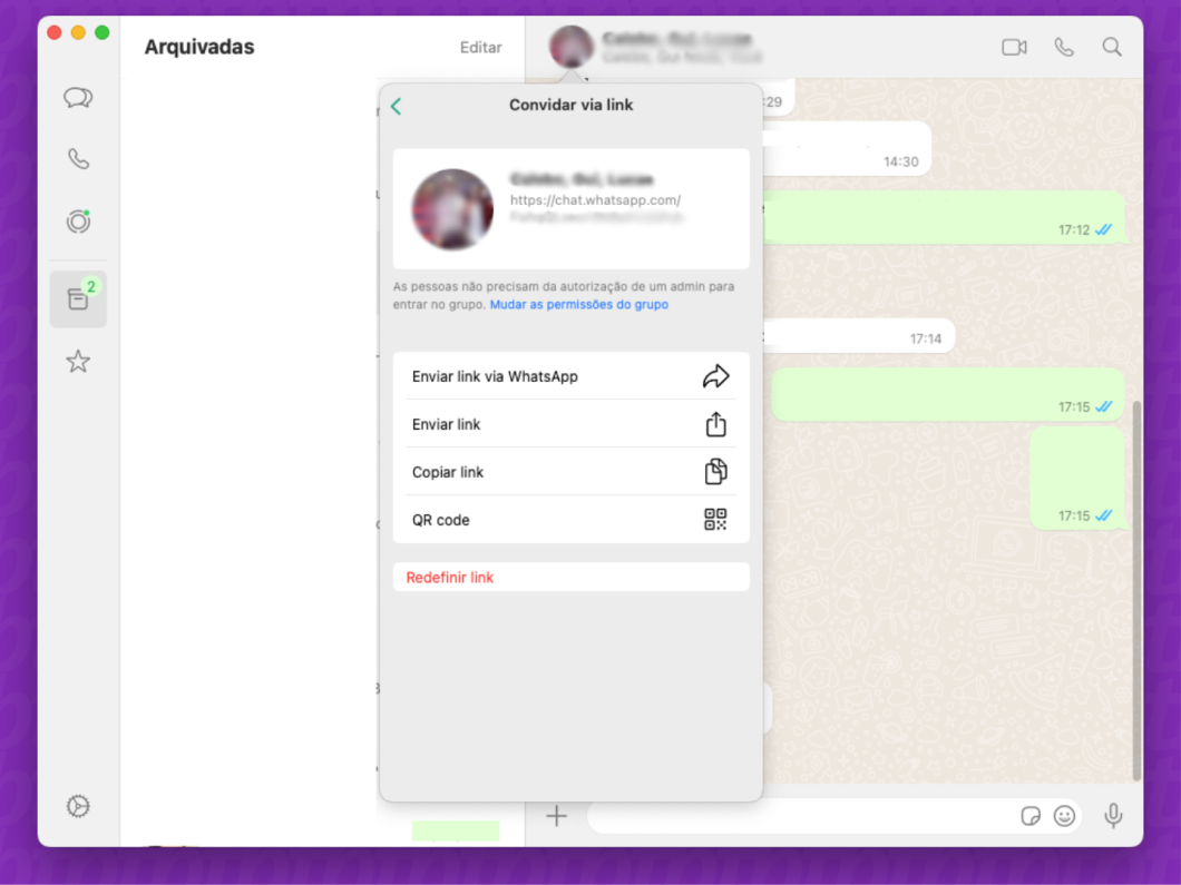 Captura de tela do aplicativo WhatsApp Desktop para Mac mostra as opções de compartilhamento do link de uma conversa em grupo
