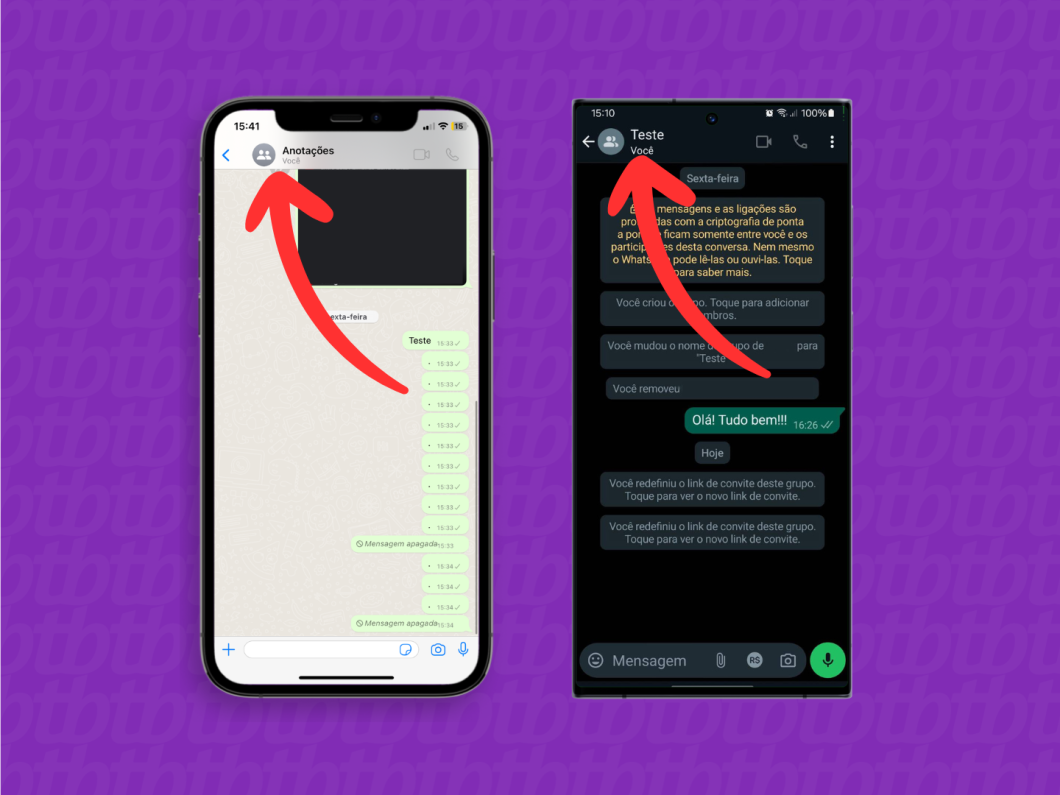 Capturas de telas do aplicativo WhatsApp Web no iOS e no Android mostram como acessar as opções de uma conversa em grupo