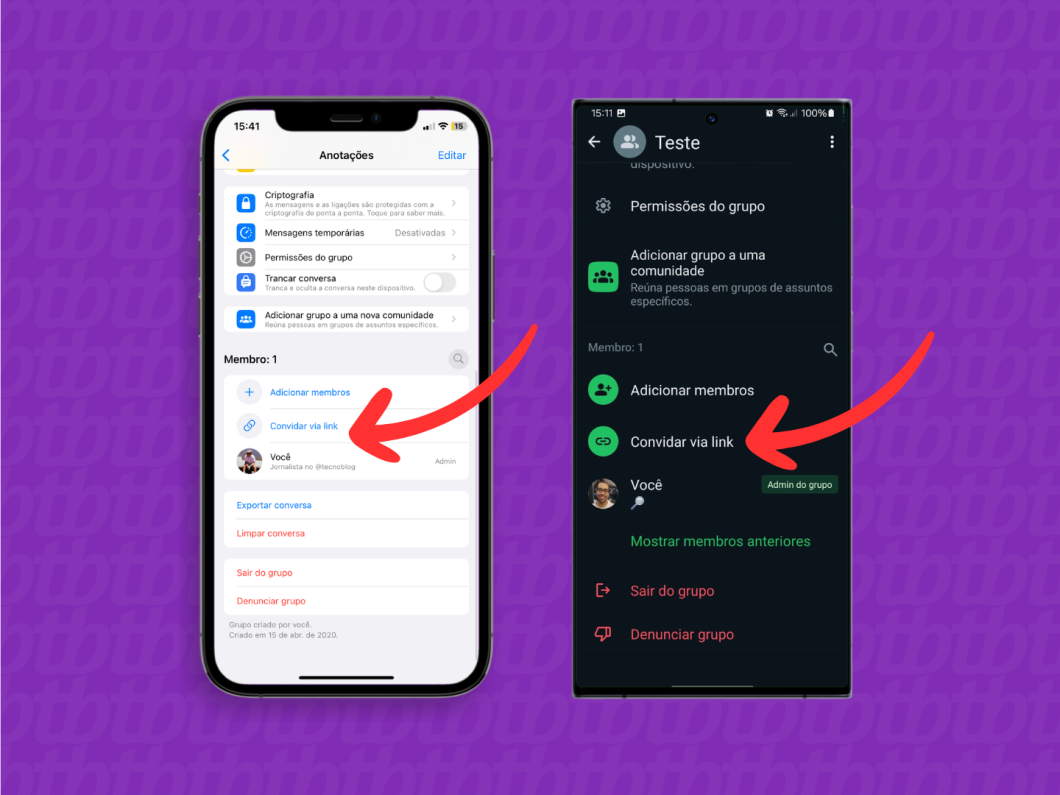 Capturas de telas do aplicativo WhatsApp Web no iOS e no Android mostram como acessar a opção "Convidar via link" em uma conversa em grupo