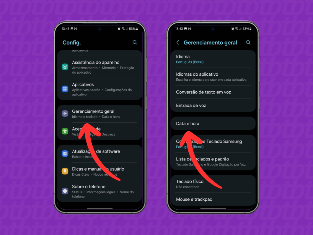 Capturas de tela do sistema operacional Android em celular Samsung mostram como acessar a opção "Data e hora"