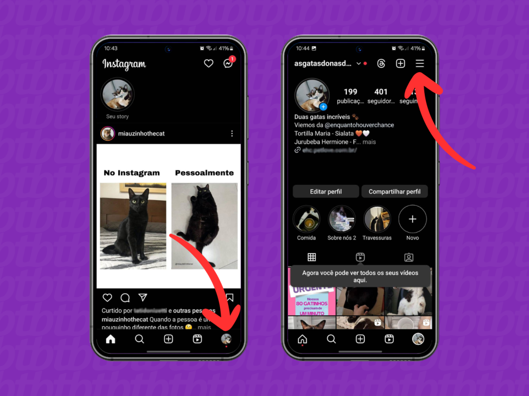 Capturas de tela do aplicativo Instagram mostram acessar o menu principal da rede social