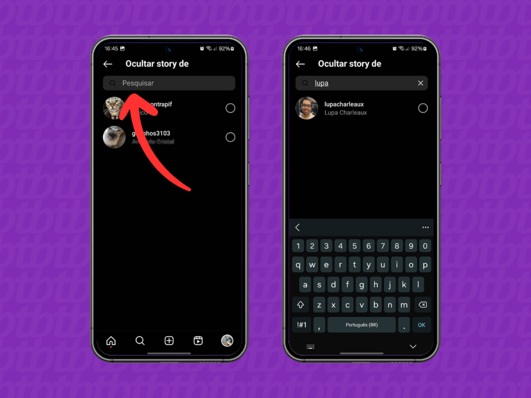 Capturas de tela do aplicativo Instagram mostram pesquisar o perfil de uma pessoa para ocultar o story