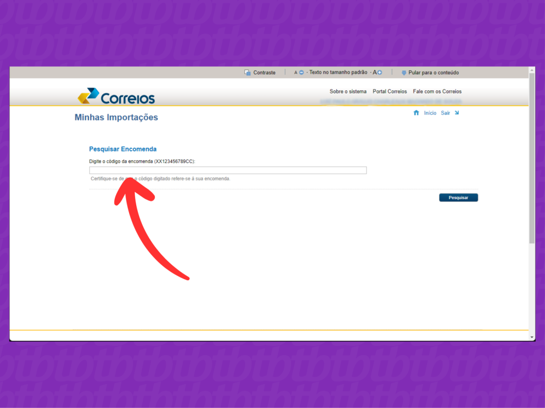 Captura de tela da tela do site idCorreios mostra como pesquisar pela encomenda internacional