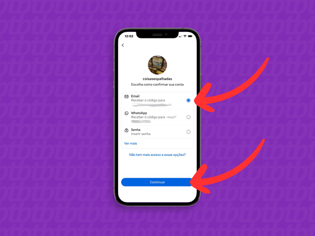 Selecionando o envio do link de recuperação do Instagram por e-mail para redefinir a senha (Continuitar)