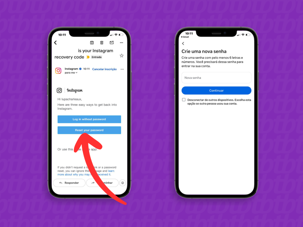 Acessando o link para recuperação da senha do Instagram no e-mail