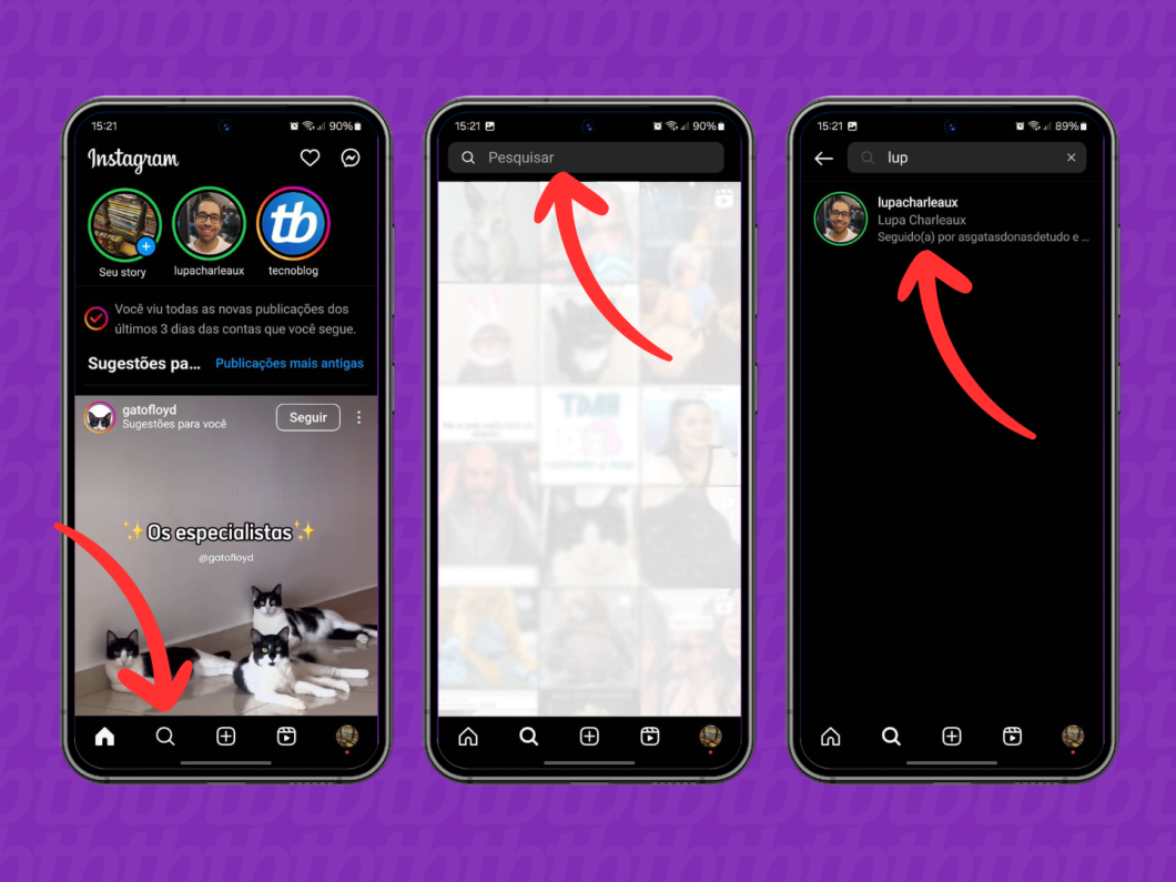 Capturas de tela do app Instagram mostram como pesquisar um perfil na rede social