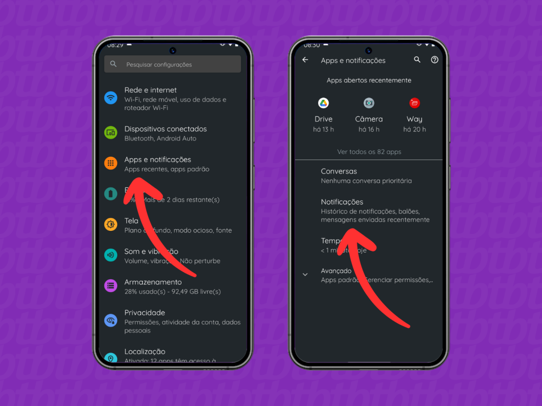 Capturas de tela do sistema operacional Android em celular Motorola mostram como acessar a opção "Notificações"