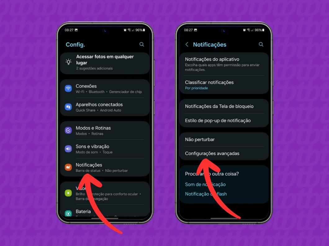Capturas de tela do sistema operacional Android em celular Samsung mostram como acessar a opção "Notificações"
