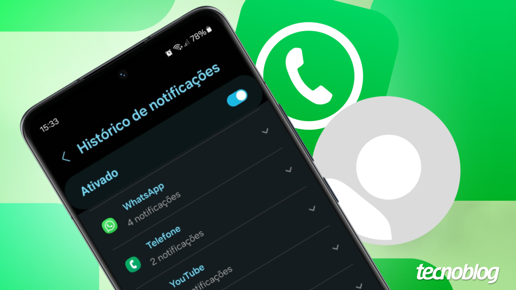 Imagem mostra a tela de um <a href='https://meuspy.com/tag/Espione-celulares'>celular</a> Android com a opção "Histórico de notificações". Fundo com tons de verde e o ícone do WhatsApp