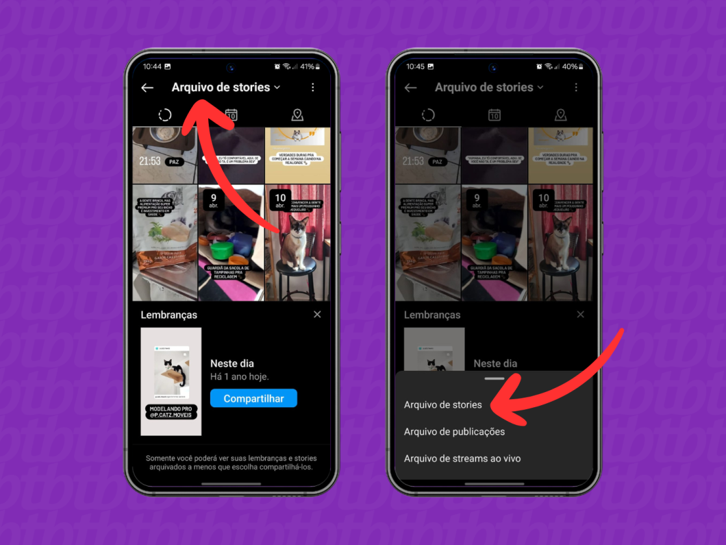 Capturas de tela do aplicativo Instagram mostram acessar o "Arquivo de Stories"