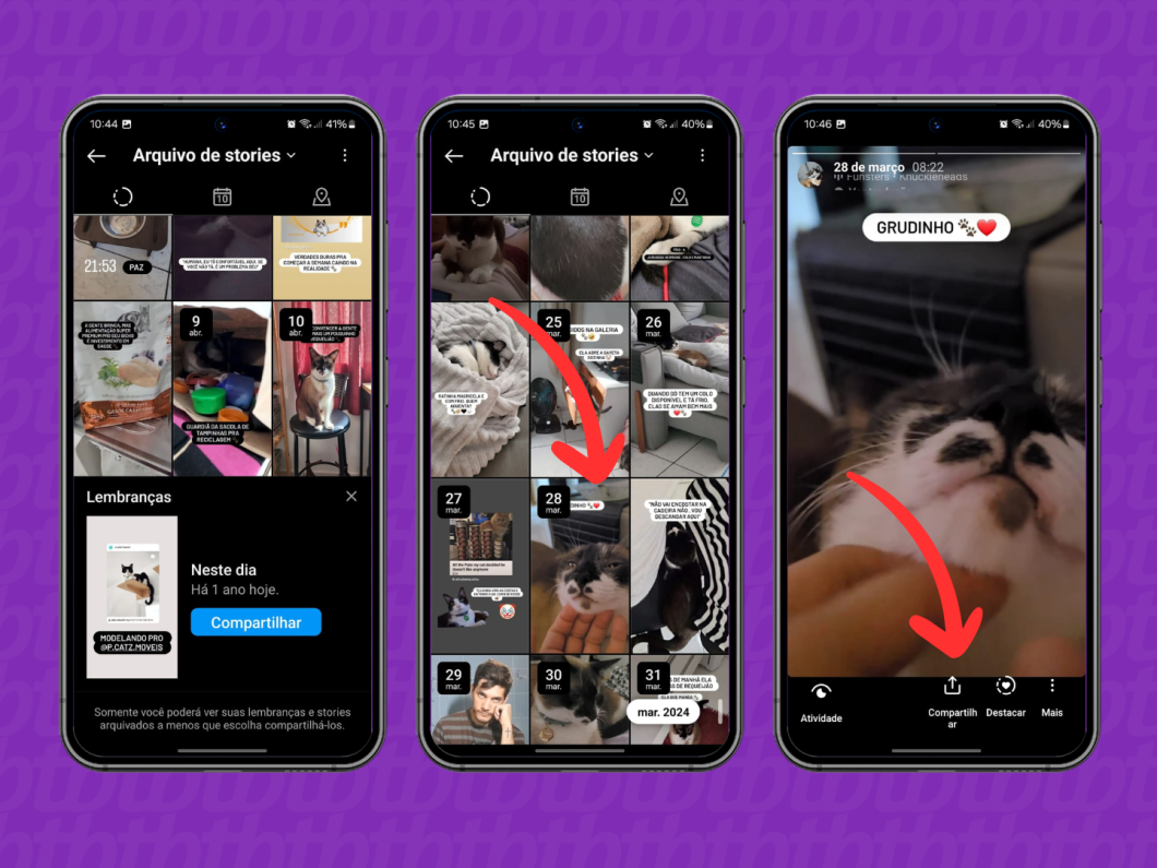 Capturas de tela do aplicativo Instagram mostram selecionar um story antigo para compartilhar