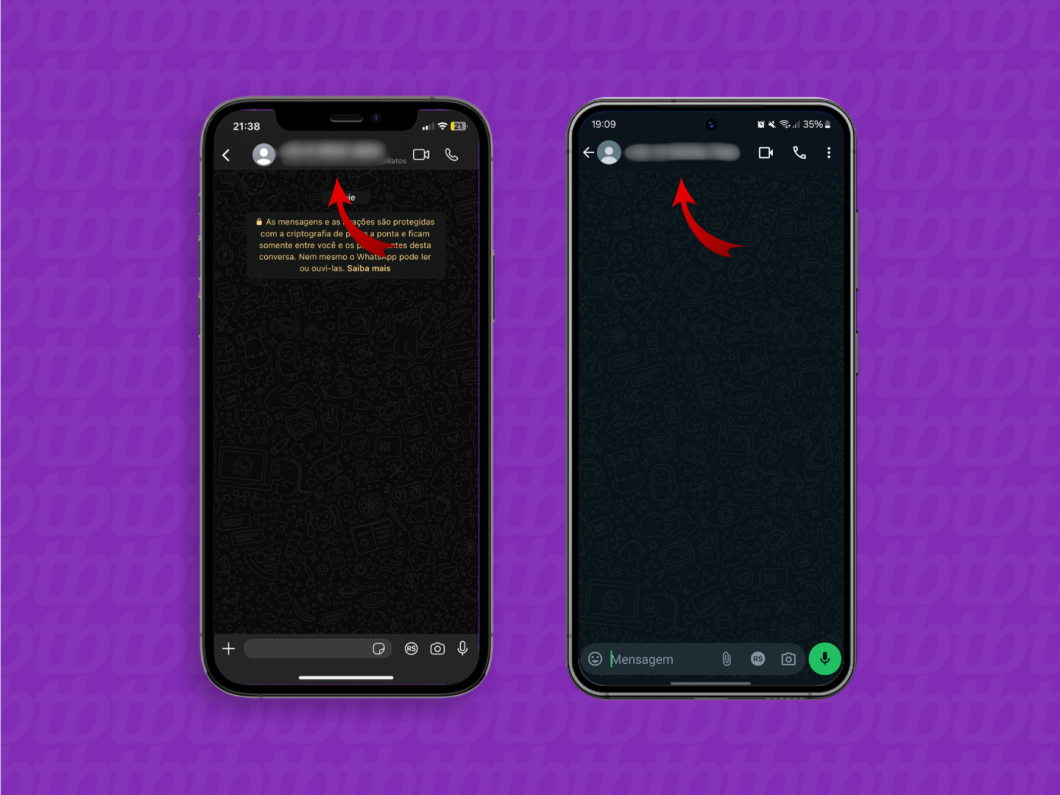 Captura de tela mostra janela de conversa do WhatsApp com seta indicando a barra superior com o número de telefone do outro usuário