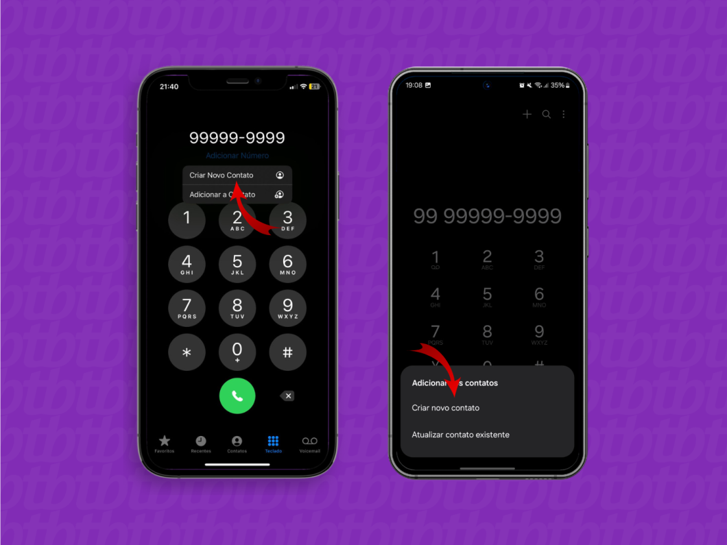 Captura de tela mostra aplicativo de "Telefone" do Android e "iOS" com número fictício digitado e seta apontando para botão "Criar novo contato"