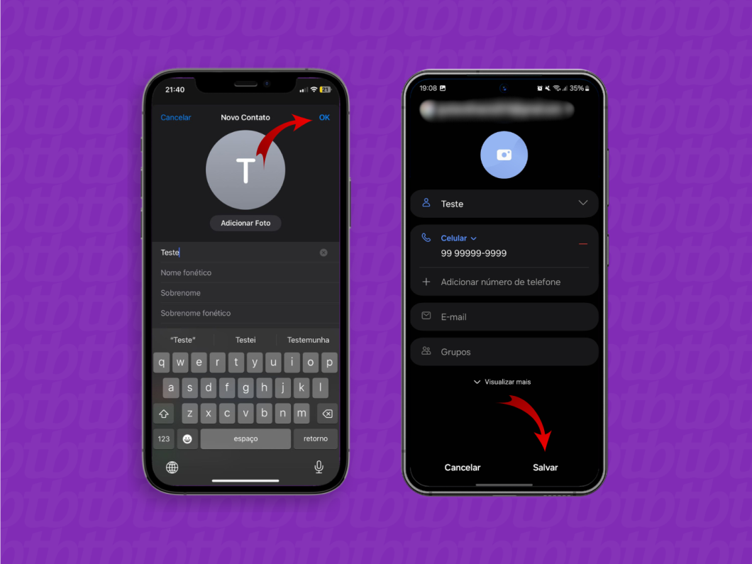 Captura de tela mostra aplicativo de "Telefone" do Android e iOS para adicionar um novo contato e seta apontando para botão "Ok" no iOS e "Salvar" no Android
