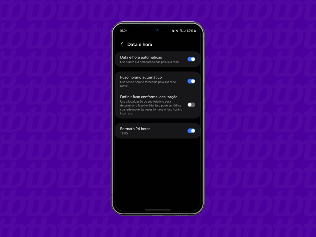 Captura de tela que mostra o menu de configurações de data e hora de um smartphone Android