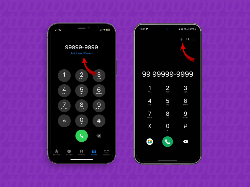 Captura de tela mostra aplicativo de "Telefone" do Android e "iOS" com número fictício digitado e seta apontando para botão "Adicionar número" e "Mais"