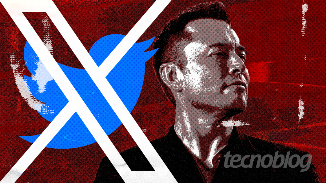 Ilustração com as marcas do Twitter e do Twitter, além de Elon Musk visto de perfil