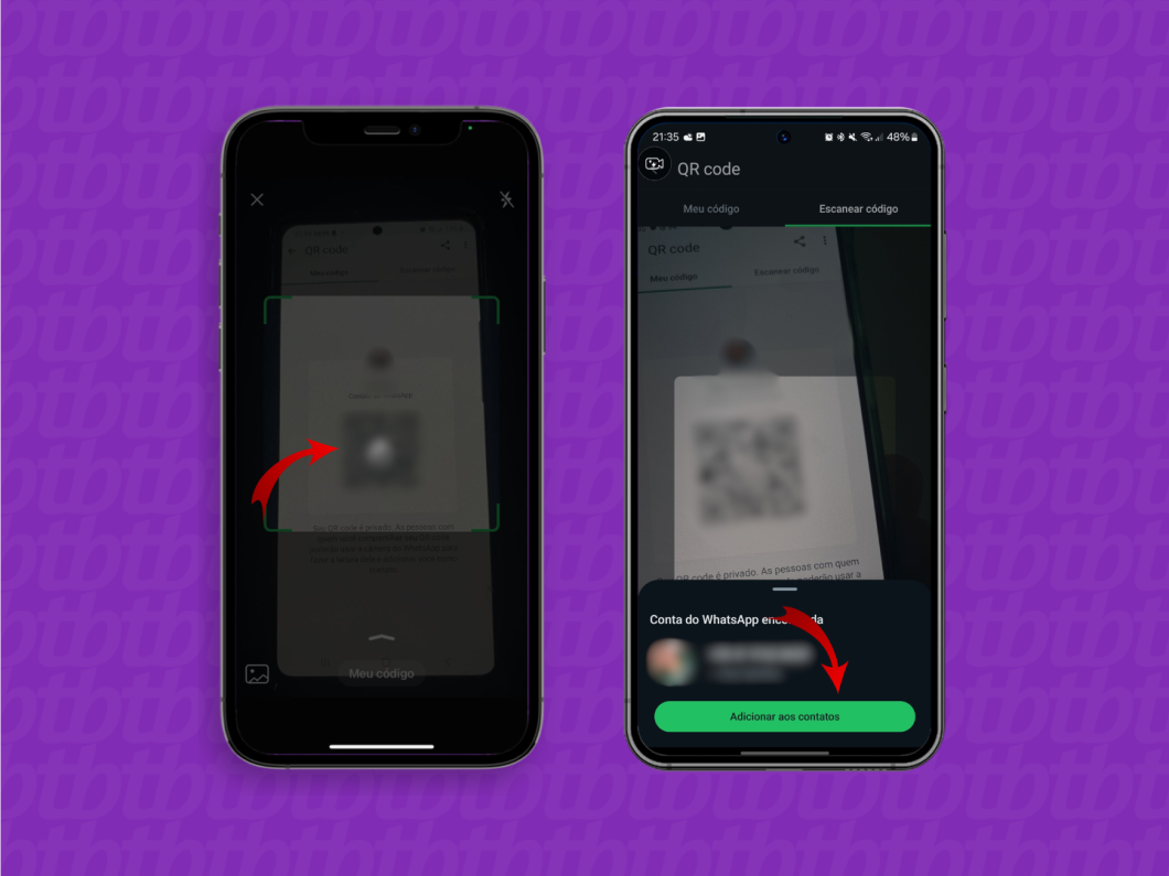 Captura de tela mostra a tela de QR Code do WhatsApp com seta indicando botão "Adicionar aos contatos"