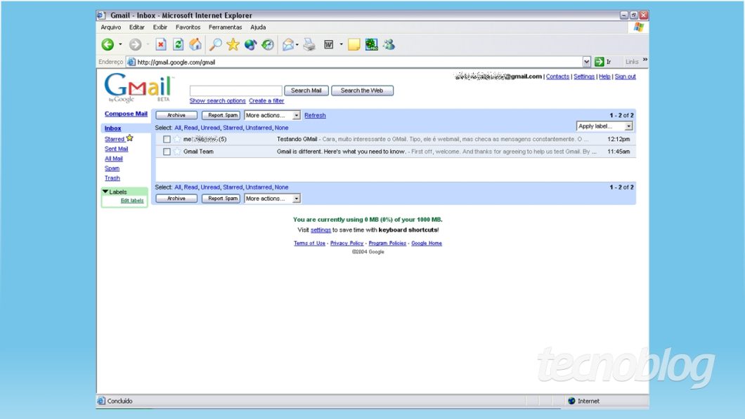 O Gmail em 2004 (imagem: Emerson Alecrim/Tecnoblog)