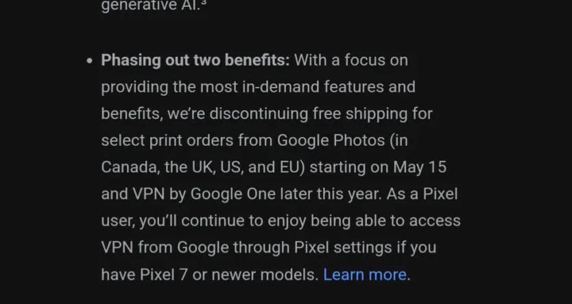 Email do Google explicando para usuários do Google One que VPN será descontinuada (Imagem: Reprodução/Android Authority)
