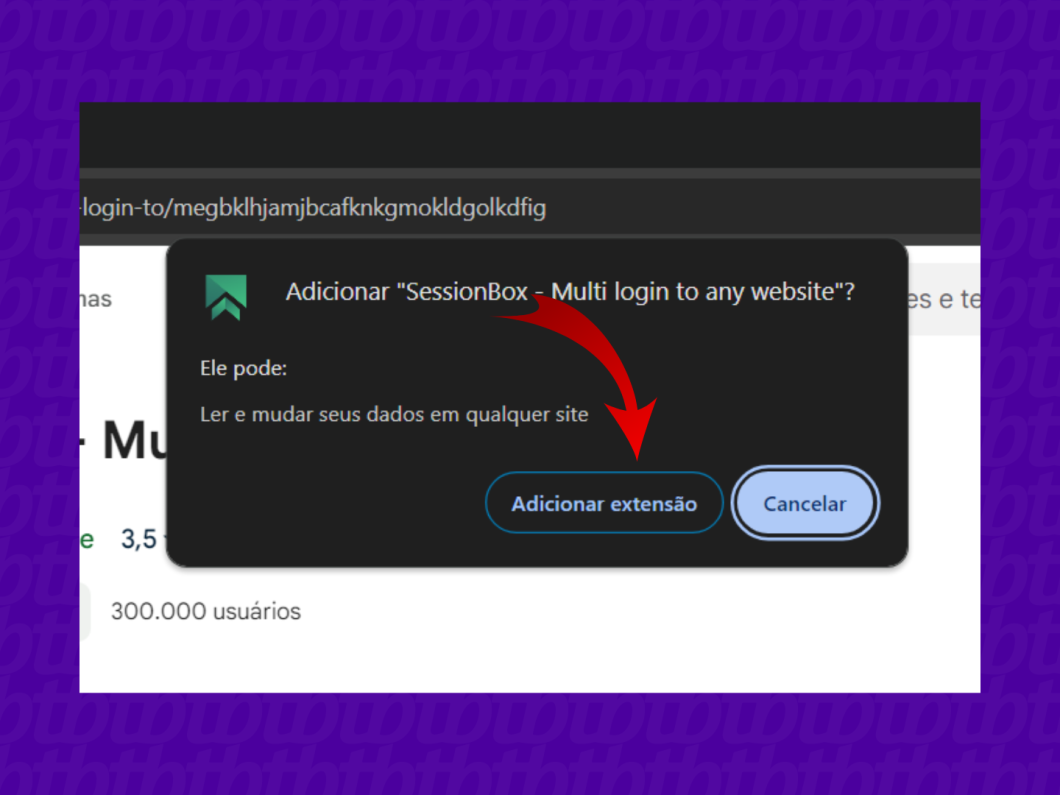 Captura de tela mostra janela pop-up solicitando autorização para instalar a extensão SessionBox