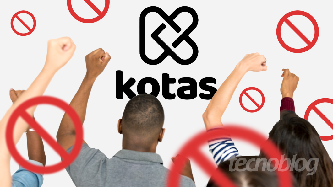 Arte com a marca do Kotas cercada por silhuetas de pessoas com pulso para o alto, em sinal de protesto