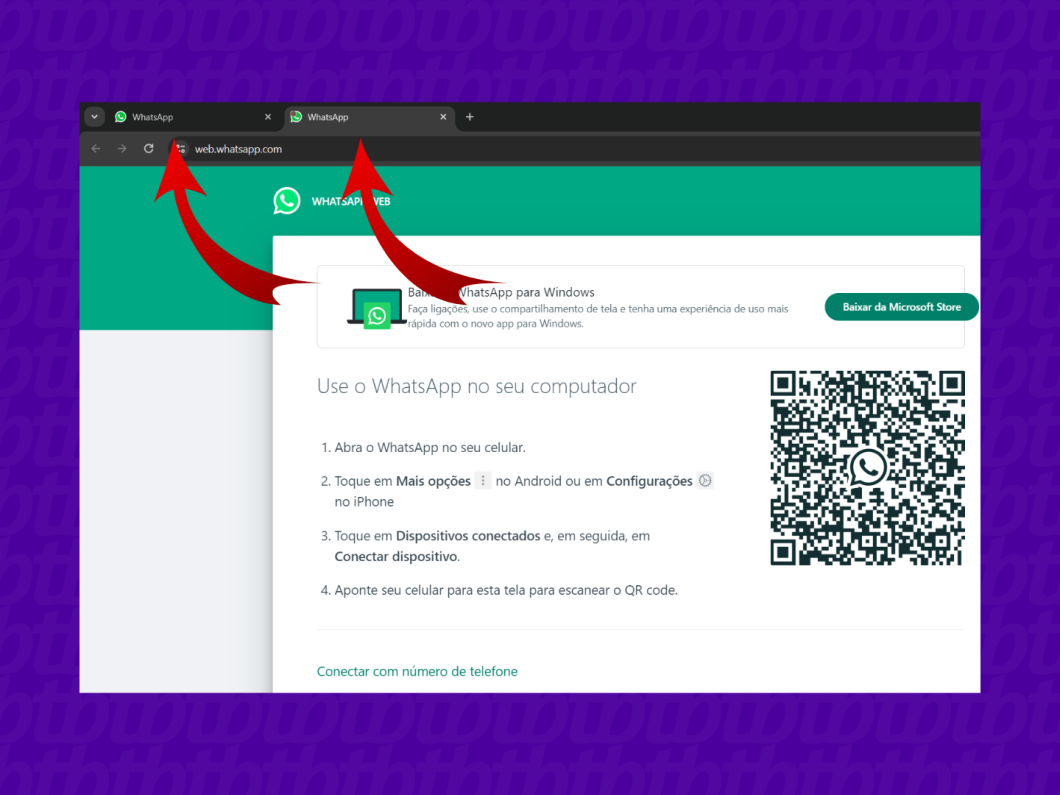 Captura de tela mostra página do navegador com dois guias do WhatsApp Web
