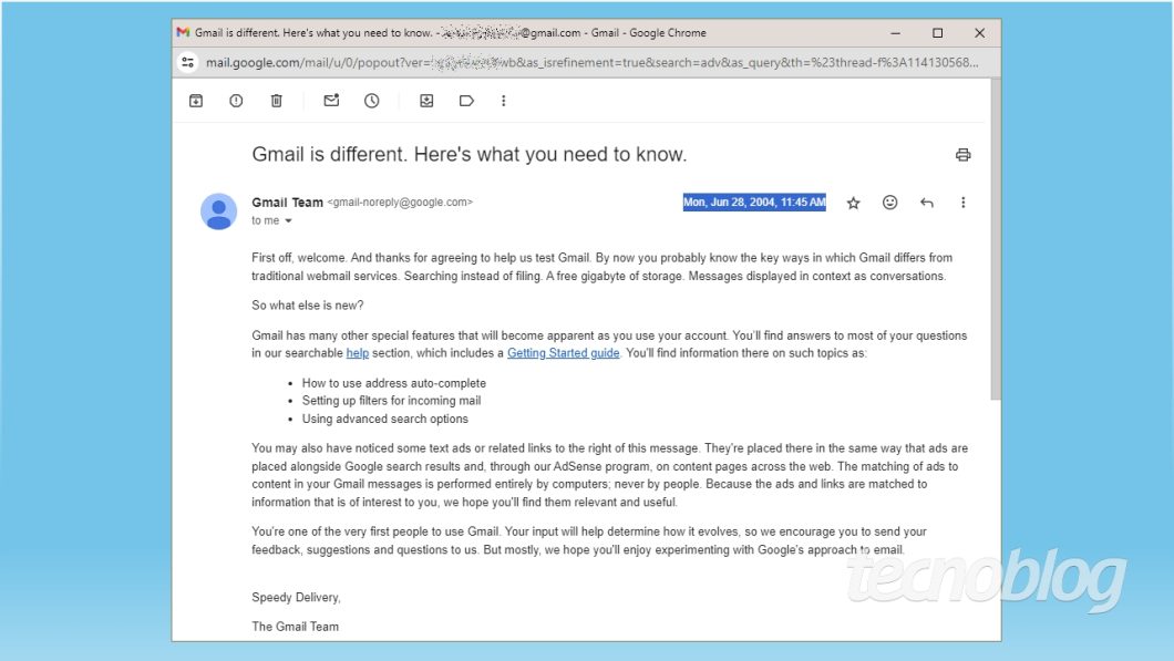 Mensagem de boas-vindas ao Gmail, em 28 de junho de 2004 (imagem: Emerson Alecrim/Tecnoblog)