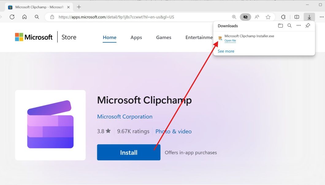 Tela mostrando download de .exe da Microsoft Store