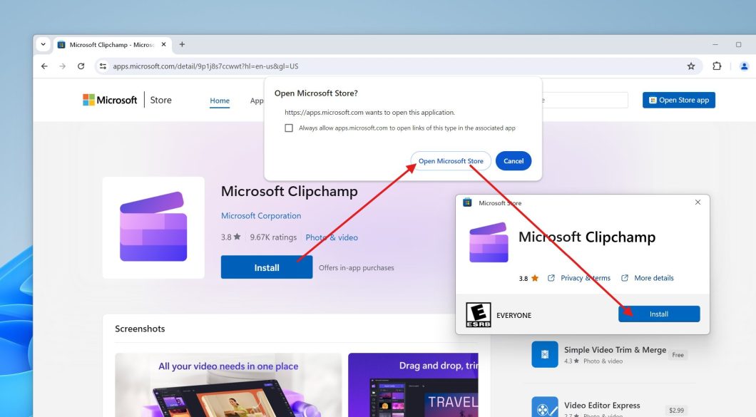 Tela mostrando processo atual de instalar um app da Microsoft Store pelo navegador