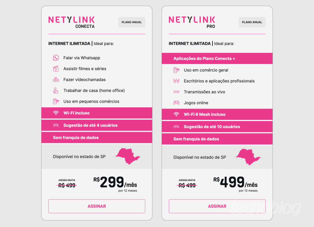 Print do site da Netylink com planos, dentre eles o de R$ 299 por mês