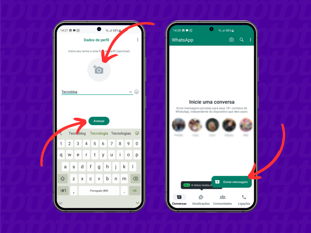 Um print à esquerda mostra tela para preencher nome e foto de perfil no WhatsApp; à direita, temos a tela inicial do WhatsApp após as configurações iniciais