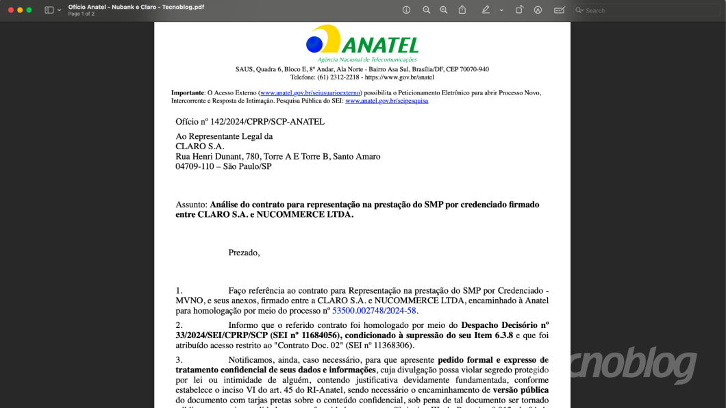 Anatel aprovou acordo de operadora virtual entre Nubank e Claro