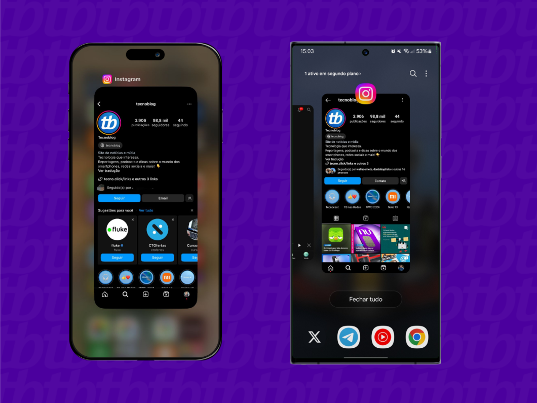 Captura de tela de um Android e um iPhone mostrando a tela de apps recentes com o aplicativo do Instagram em exibição