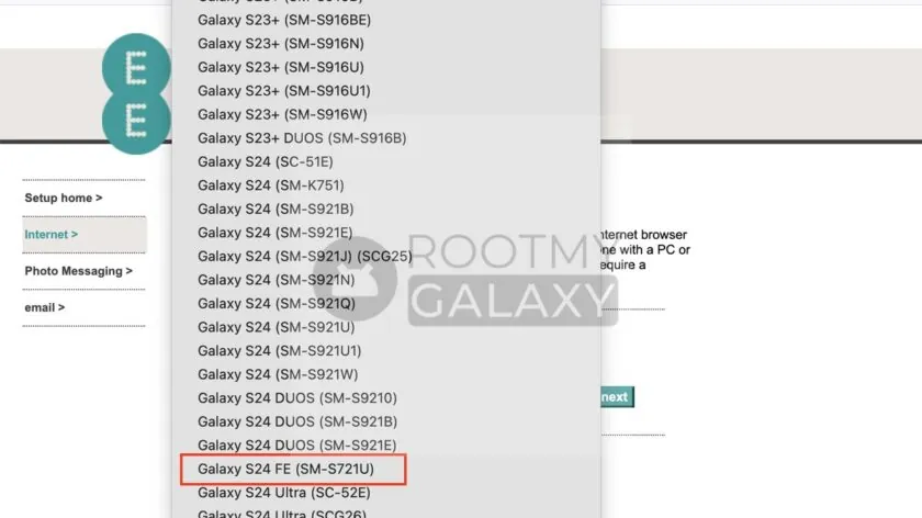 Galaxy S24 FE é listado em site de operadora de telefonia (Imagem: Reprodução/RootMyGalaxy)